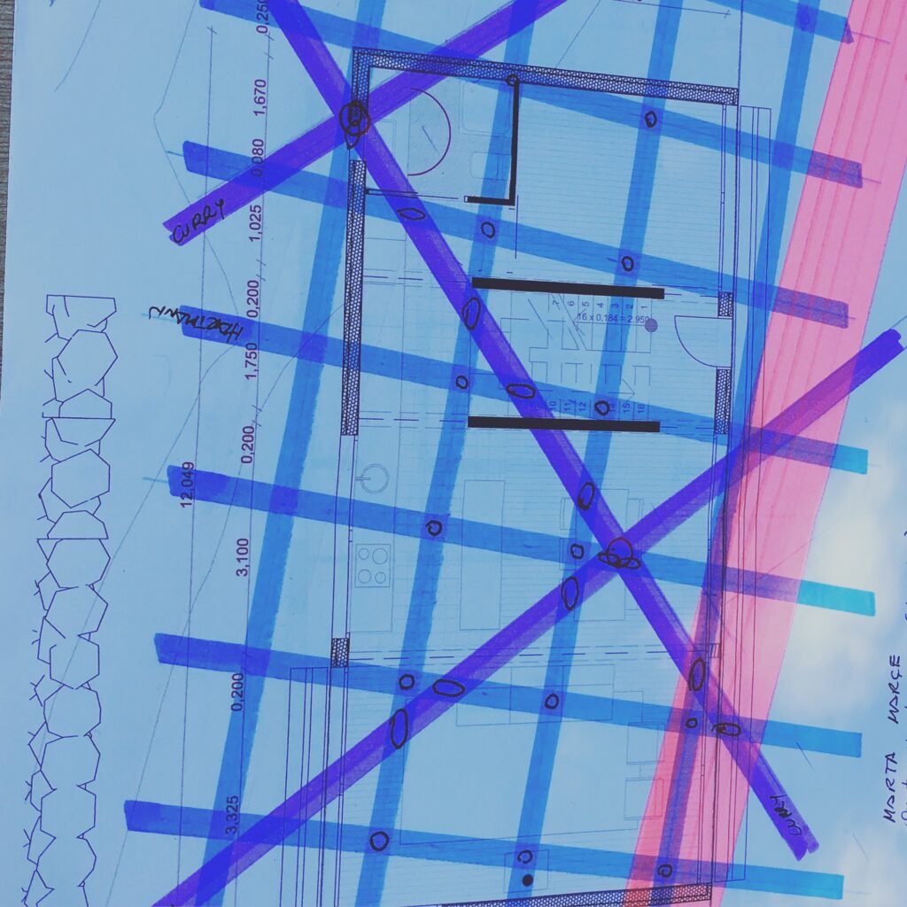 Rosa = corriente de agua, lila = líneas curry, azul= líneas hartmann

